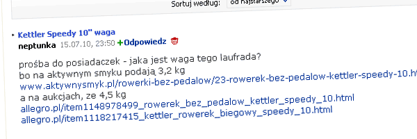 "Kettler Speedy 10'' waga" autor:neptunka | źródło: forum.gazeta.pl