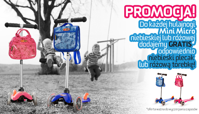 PROMOCJA hulajnoga Mini Micro niebieska lub różowa odpowiednio z niebieskim plecakiem lub różową torebką.