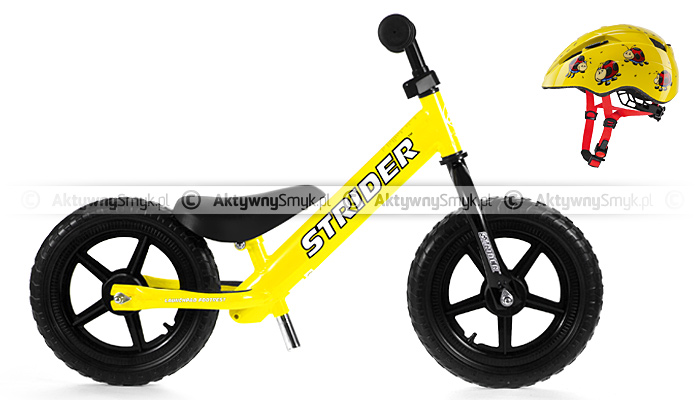 Rowerek biegowy STRIDER żółty + kask rowerowy Uvex Kid II bugs
