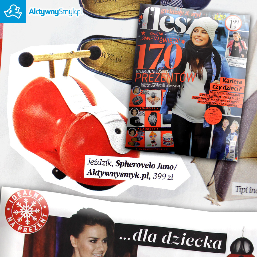 Tygodnik Flesz a w nim propozycje prezentów dla dziecka i jeździk Early Rider Spherovelo Juno ze sklepu AktywnySmyk.pl
